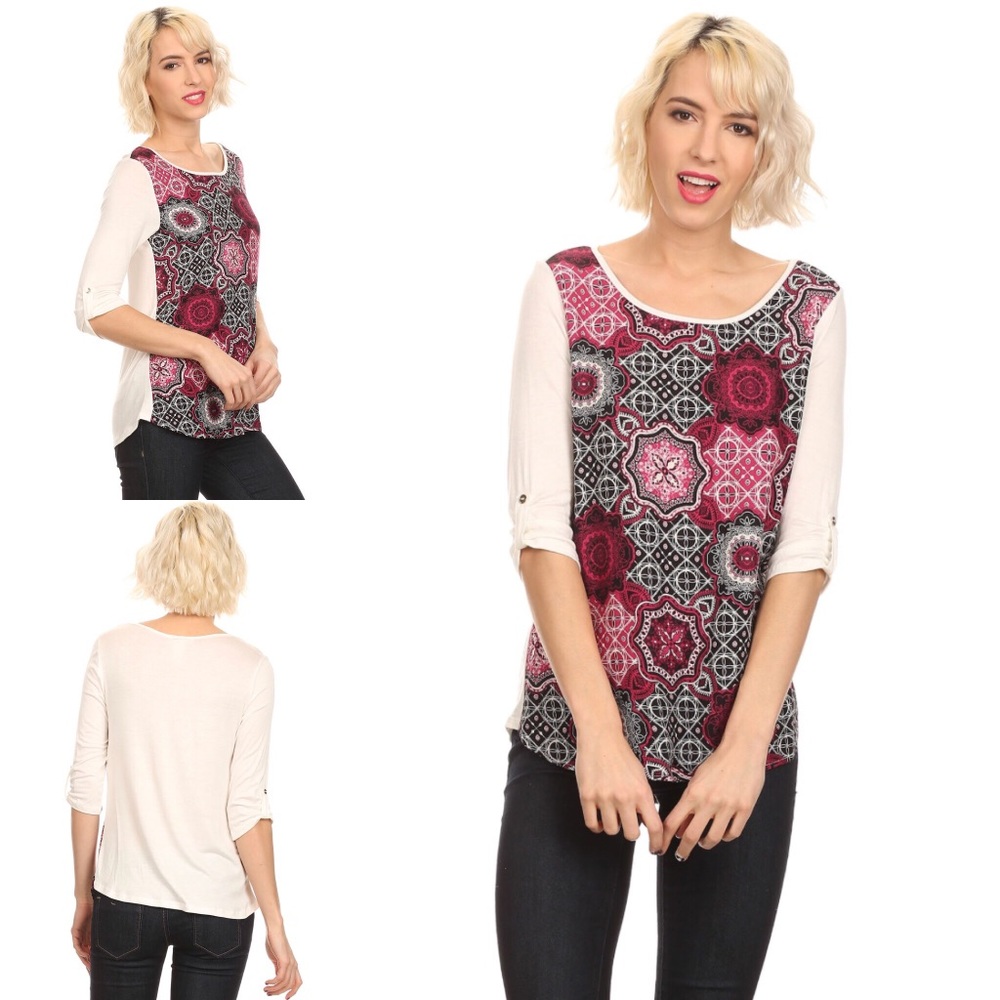 3/4 Sleeve Top Abstract Print Front Ivory Color